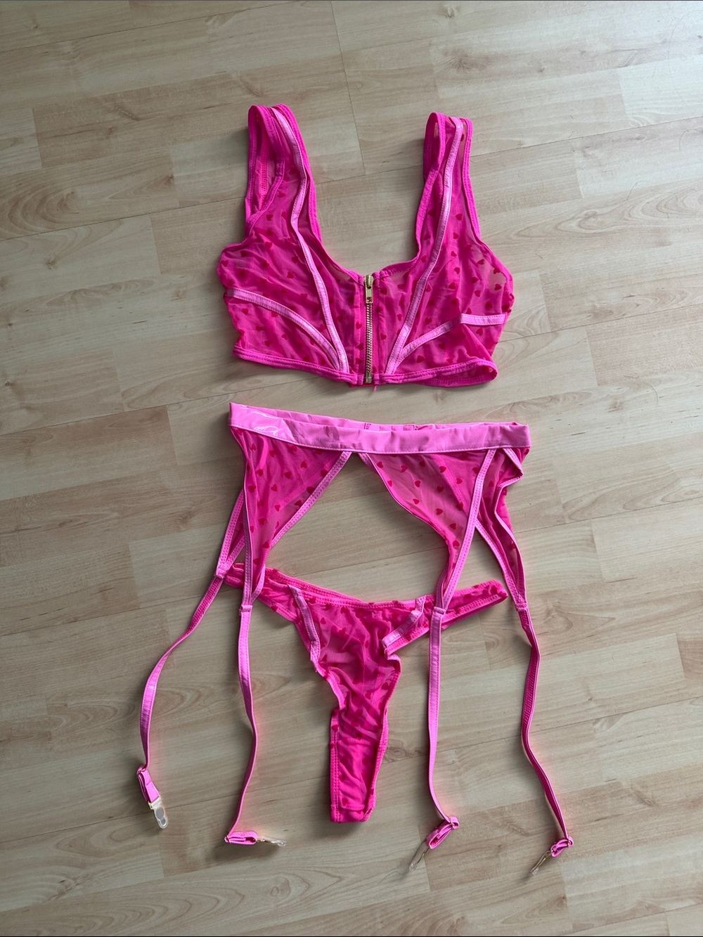 Neon Pink Sheer Heart Mesh 3-Piece Lingerie Set with Garter